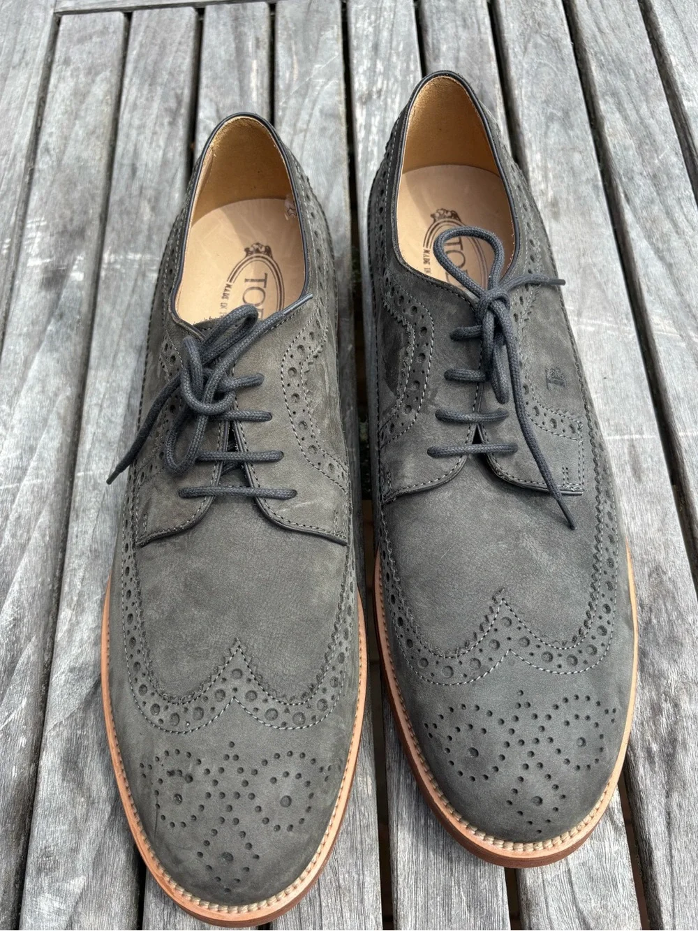 Tod’s Derby Bucature Wing Tip Lace Up Suede Oxfords Sage Green Size 11